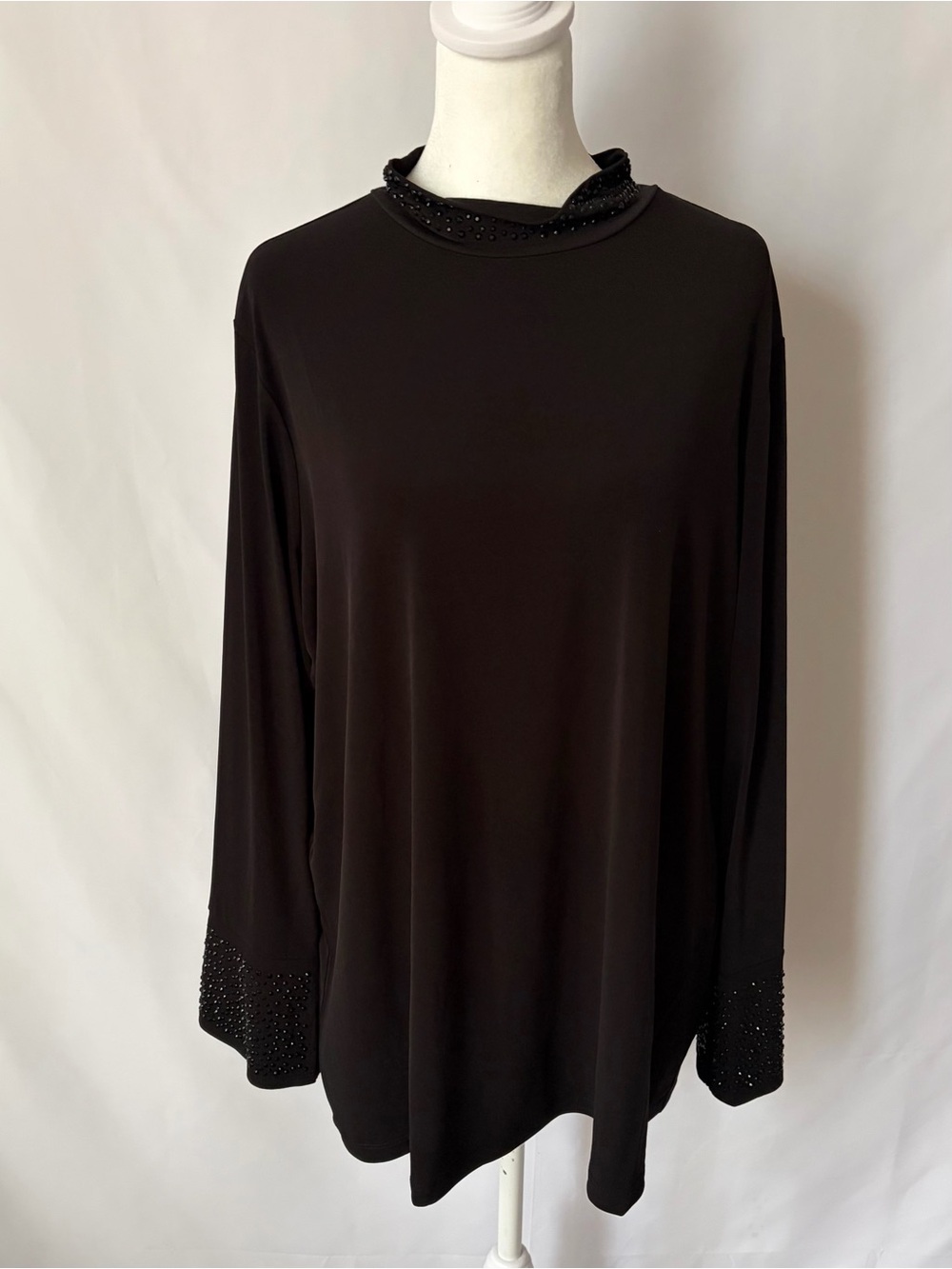 New Susan Graver Occasions Liquid Knit Embellished Mock-Neck Top Black size XL